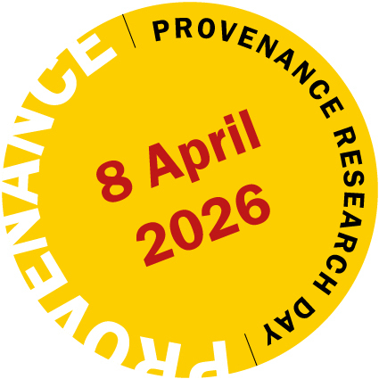 Das Logo besteht aus einem gelben Kreis. Der Kreis wird durch Schrift "Provenance Research Day" und "PROVENANCE" gerahmt. Im Zentrum wird auf das Datum in roter Schrift verwiesen: 8. April 2026.