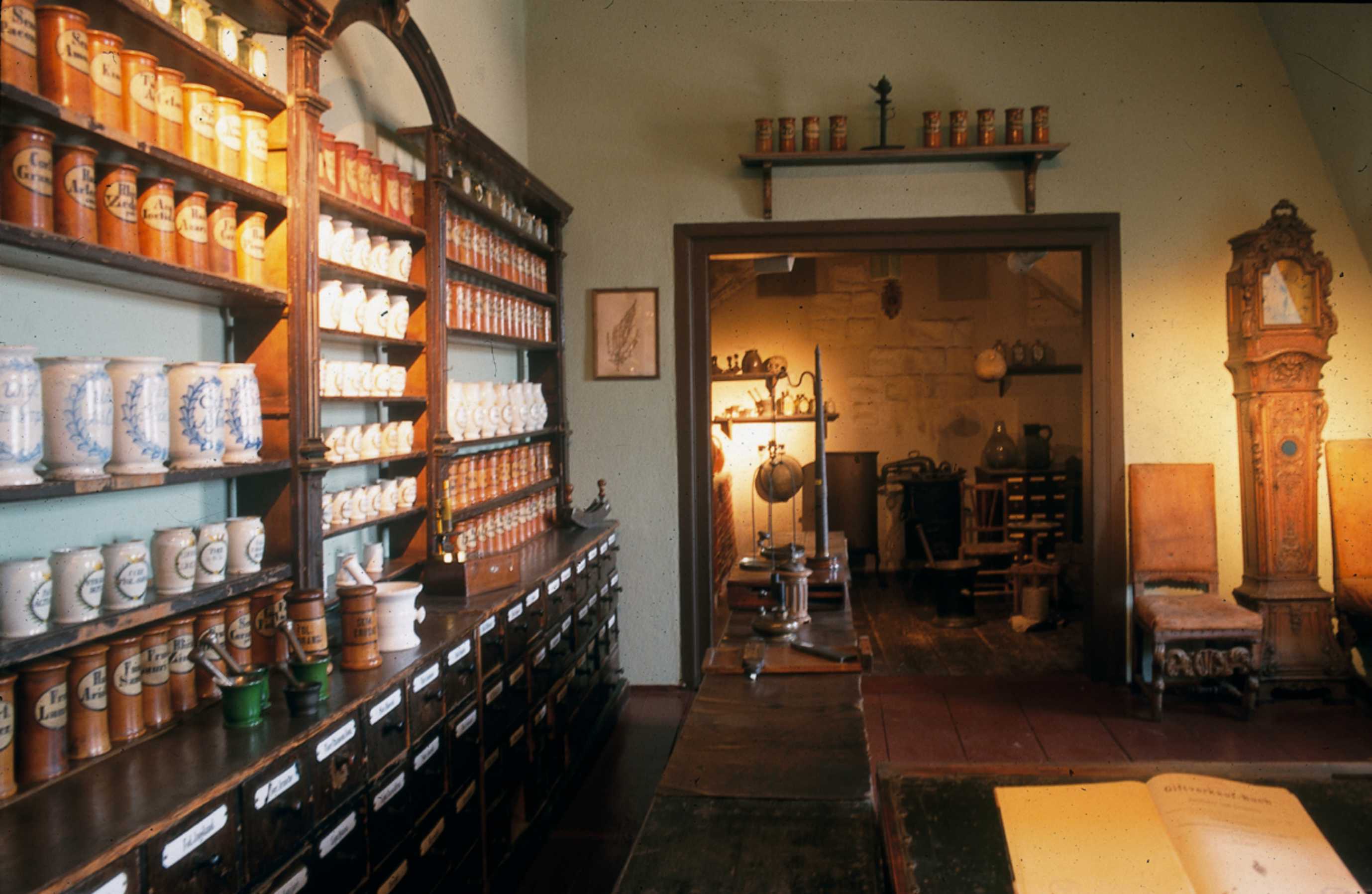 Eine zu großen Teilen erhaltene Apothekeneinrichtung aus dem 18. Jahrhundert veranschaulicht auf besondere Weise die Historie der Pharmaziegeschichte in Halberstadt.
Hinter einem dunklen Tresen steht ein großes Regal mit allerhand alten Apothekengefäßen. Davor stehen Mörser zur Herstellung der Medikamente. Im hinteren Teil des Raumes stehen zwei Öfen, weitere Regale, ein Stuhl und andere Gerätschaften.