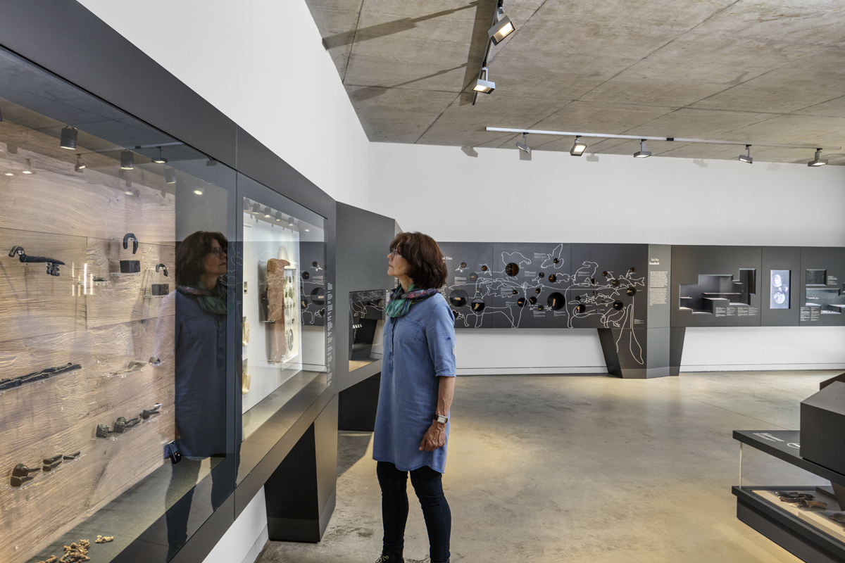 Eine Frau steht im Ausstellungsraum vor einer Wandvitrine. Im Hintergrund führt eine schwarze Wand mit weißen Tierumrissen weiter durch den Raum.