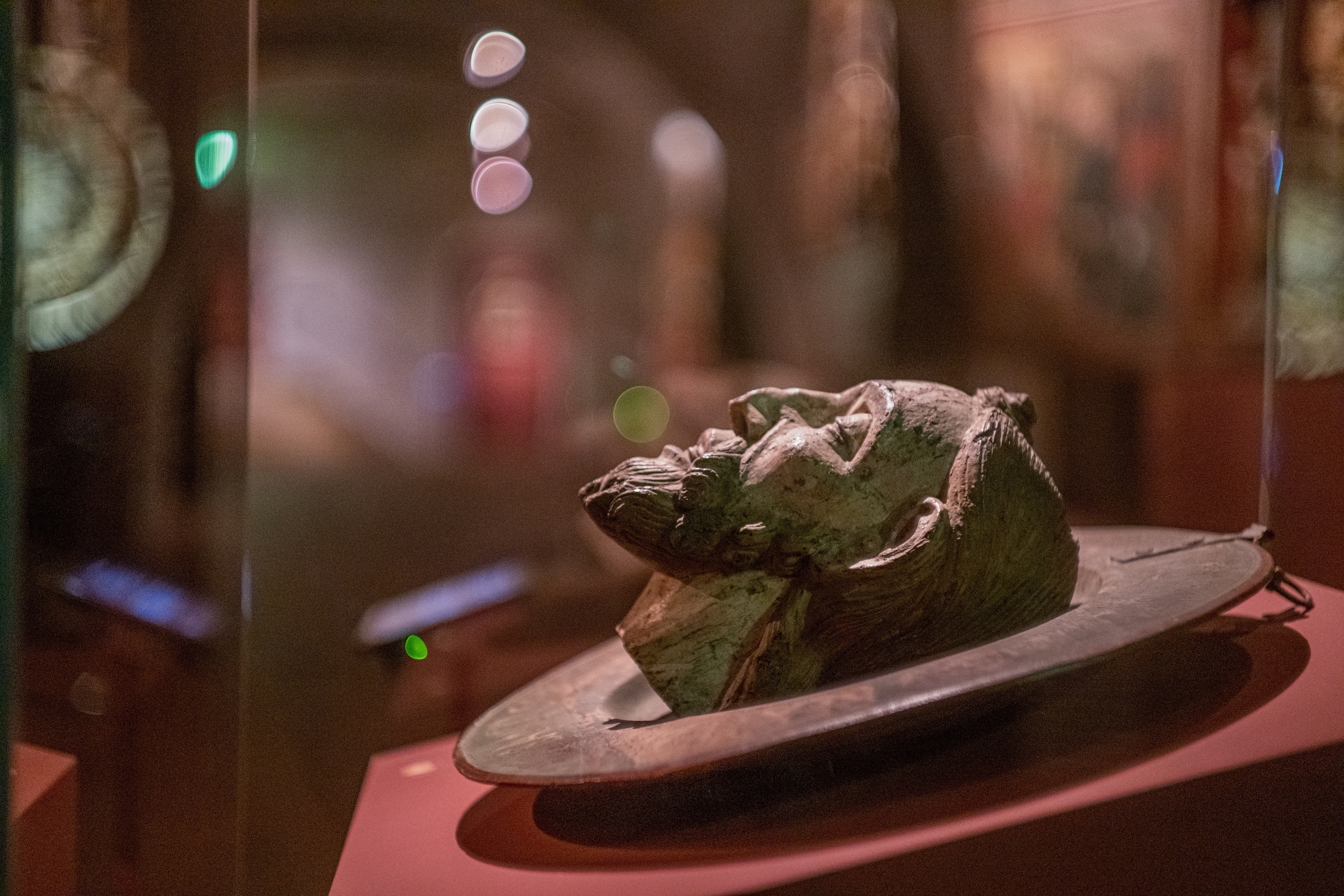 Die Johannesschale im Naumburger Domschatzgewölbe. Auf einer Schale liegt der Kopf eines Mannes im Profil. Er trägt einen Bart und lange Haare.