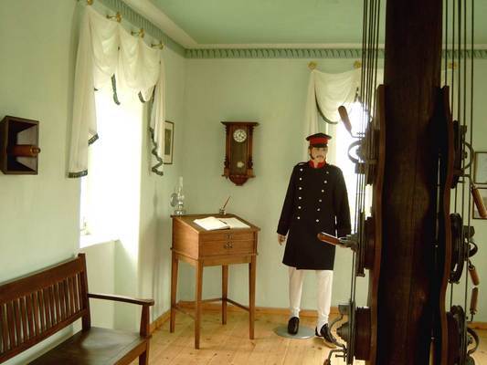 Im Ausstellungsraum steht eine Holzbank und ein Schreibpult. Eine Puppe trägt eine knielange dunkelblaue Jacke, eine weiße Hose und eine rot-schwarze Mütze. In der Mitte des Raumes steht ein Mast mit verschiedenen Hebeln.